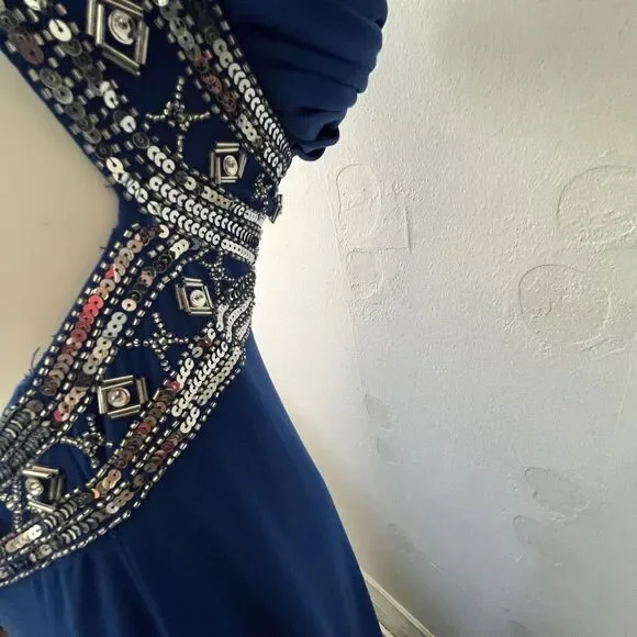 Betsy And Adam Beaded One Shoulder Floor Length Dress Gown 4 Blue Winter Holiday - Picture 12 of 13